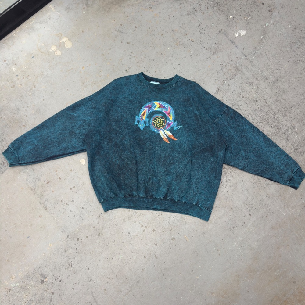 Vintage Hanes Ultimate Cotton Teal Acid Wash Lizard Dreamcatcher Sweatshirt XXL
